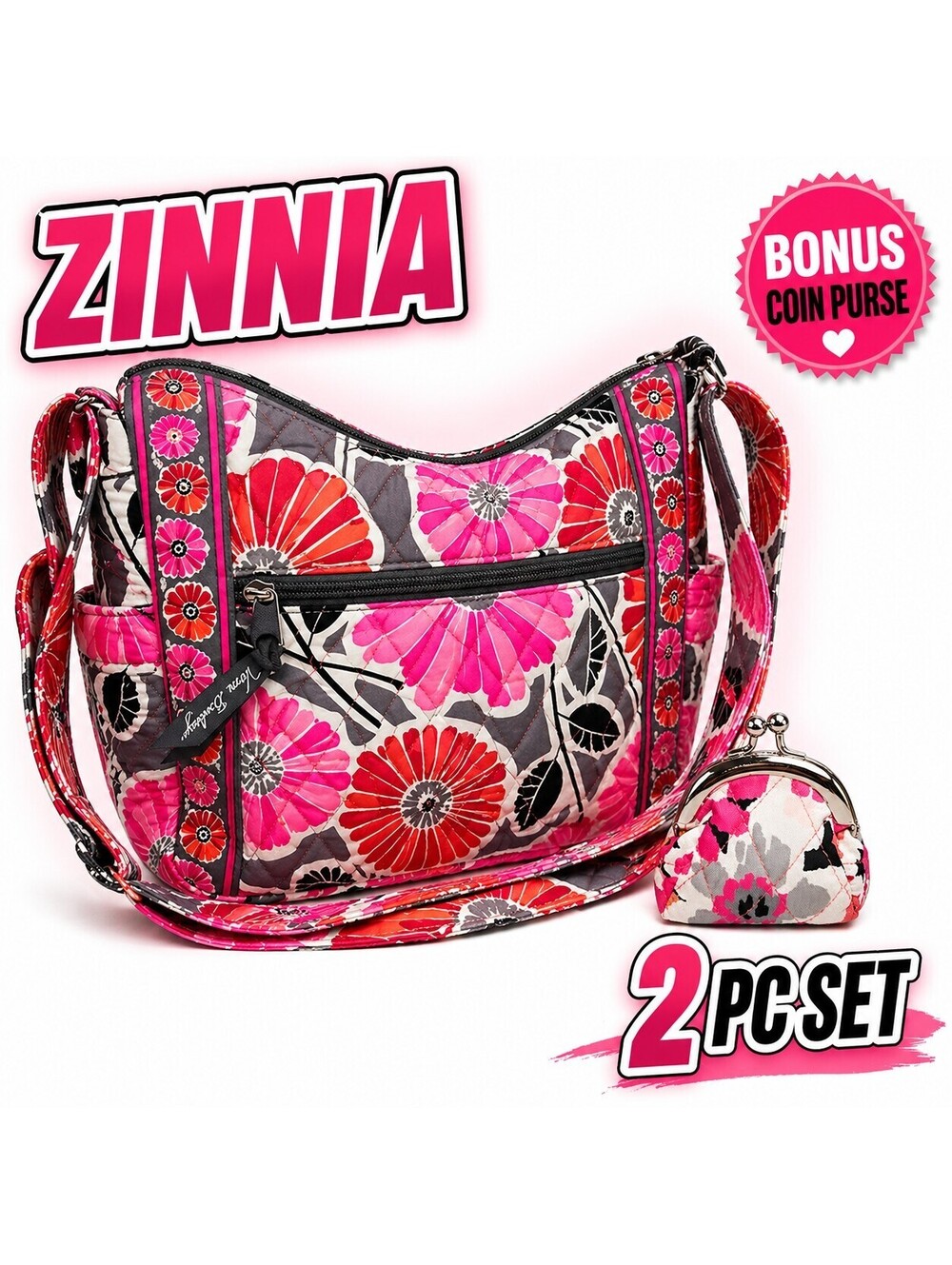 Vera Bradley Zinnia Floral Shoulder Bag + Matching Coin Purse Pink Red Gray Set